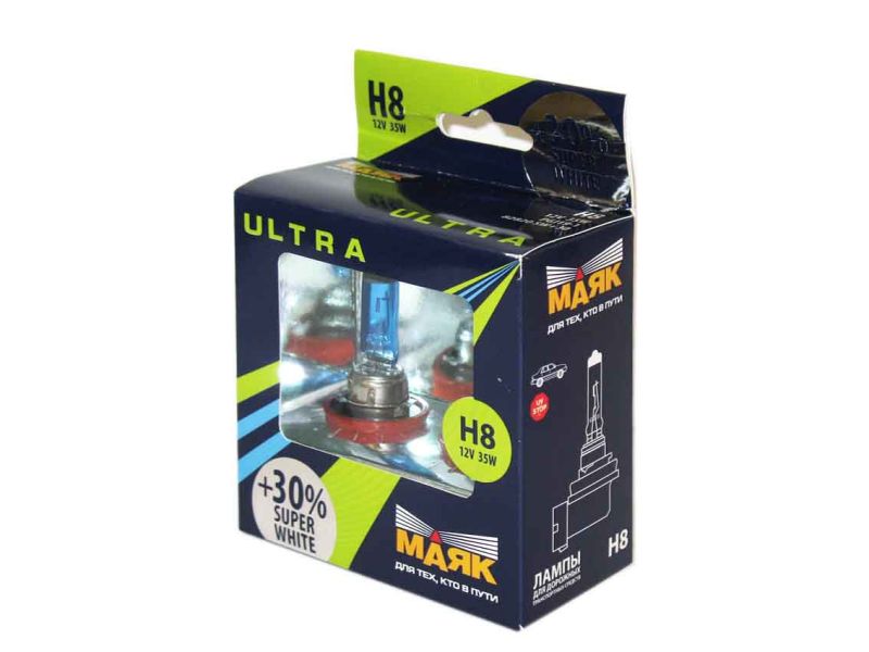 Лампа МАЯК ULTRA H8 12V 35W PGJ19-1 SUPER WHITE +30%