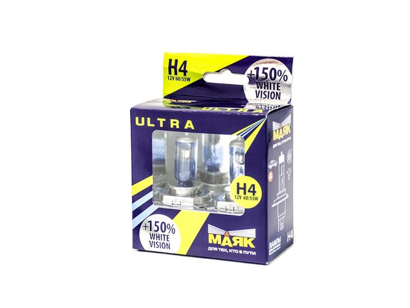Лампа МАЯК ULTRA H4 12V 60/55W P43t White Vision+150%