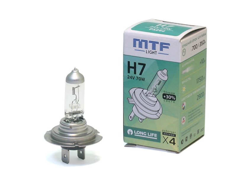 Лампа MTF H7 24V70W Standart+30% 2900K (Корея)