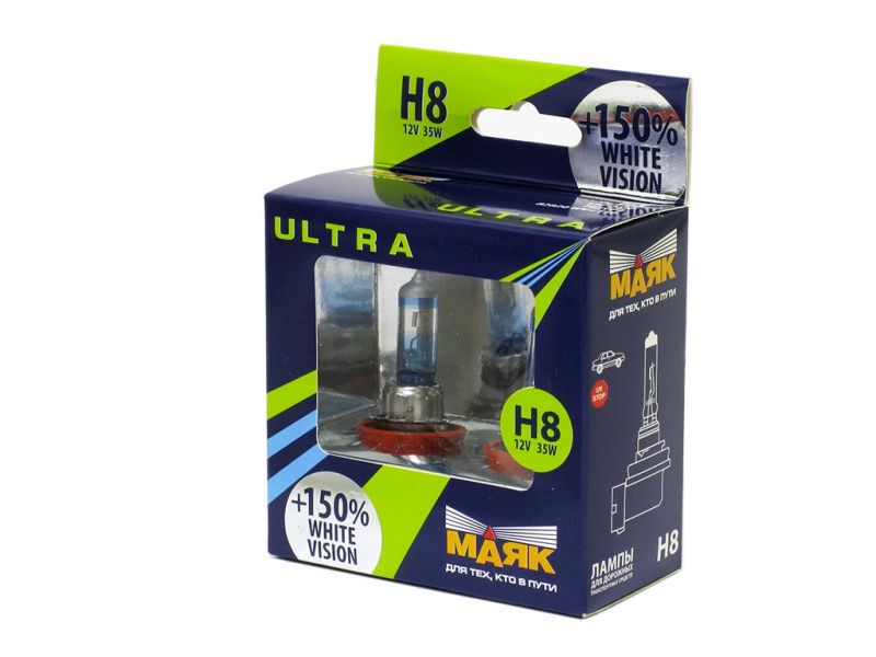 Лампа МАЯК ULTRA H8 12V 35W PGJ19-1 WHITE VISION +150%