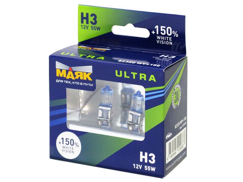 Лампа МАЯК ULTRA H3 12V 55W Pk22s WHITE VISION +150%