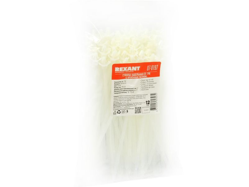 Хомут пластиковый с крепежным пистоном REXANT 190x4,8 мм, ø 3,2 мм, белый (100шт в уп.)