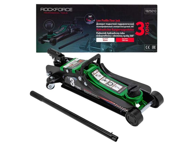 Домкрат подкатной гидравлический низкопрофильный 3т с поворотной ручкой RockFORCE