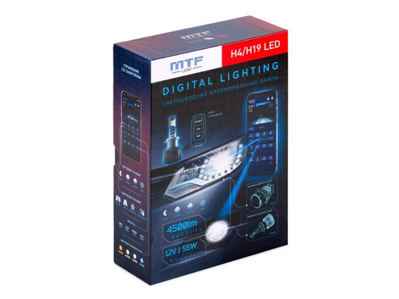 Светодиодные лампы MTF Light серии DIGITAL LIGHTING Н4/Н19, 12V, 55W, 4500lm, 3000-7000K, управление