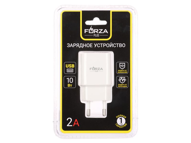 СЗУ 220В, USB-A, 10 Вт, белый, FORZA