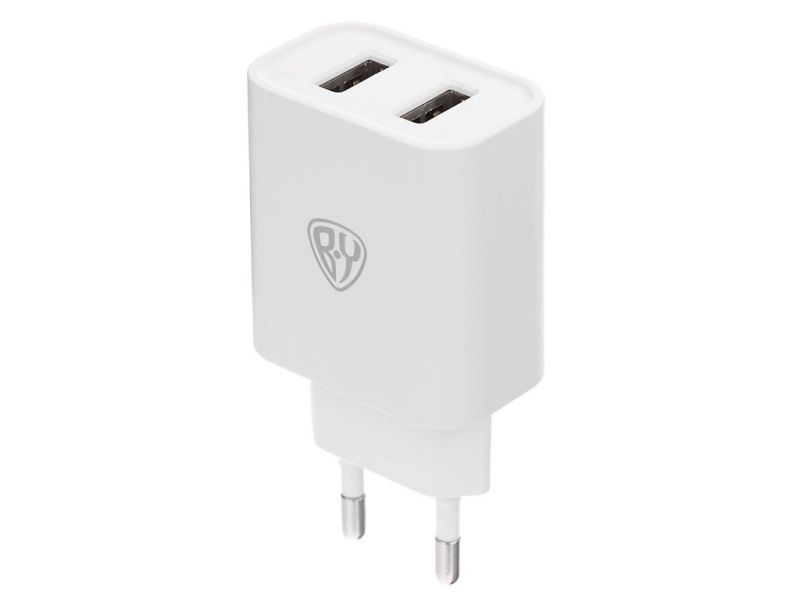 СЗУ 220В, BY Double 10Вт, 2xUSB, 2А, 5В,110-240В, 50-60Гц, пластик белый