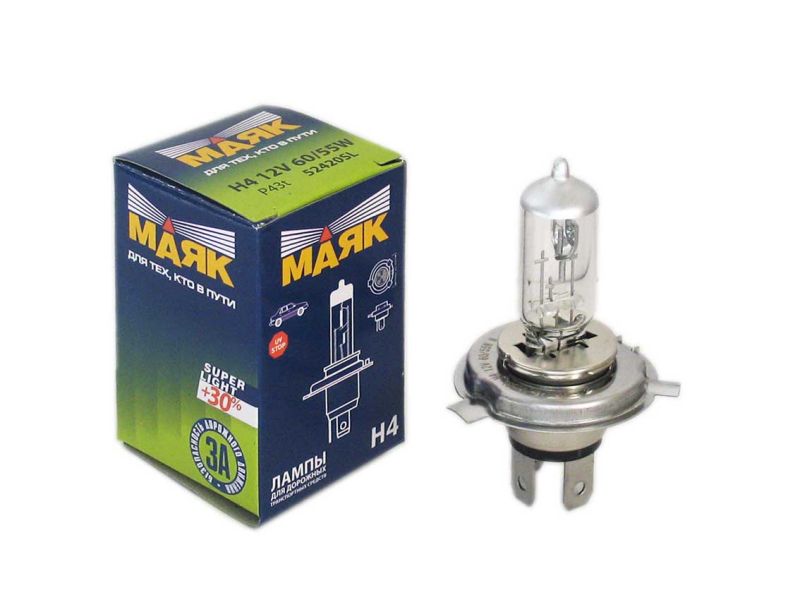 Лампа МАЯК H4 12V60/55W P43t SUPER LIGHT+30%  (мин.уп.10шт) 10/400