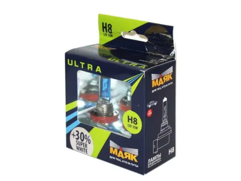 Лампа МАЯК ULTRA H8 12V 35W PGJ19-1 SUPER WHITE +30%