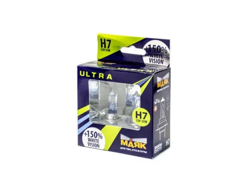 Лампа МАЯК ULTRA H7 12V 55W Px26d White Vision+150%