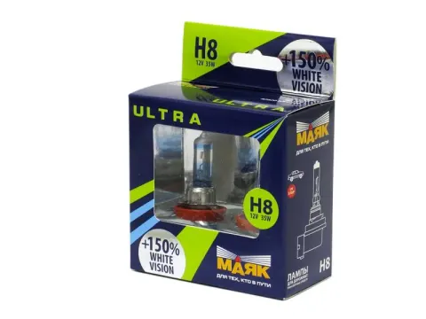 Лампа МАЯК ULTRA H8 12V 35W PGJ19-1 WHITE VISION +150%