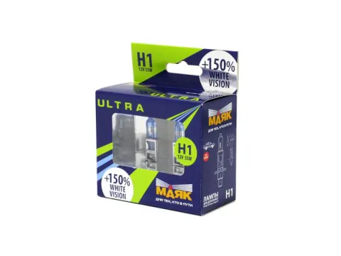 Лампа МАЯК ULTRA H1 12V 55W P14,5s WHITE VISION +150%