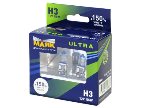 Лампа МАЯК ULTRA H3 12V 55W Pk22s WHITE VISION +150%