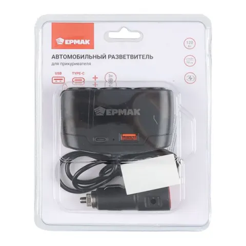 Разветвитель прикуривателя, 3 выхода +1 USB, 60 W, 2.1А, 12/24В,  пластик NG