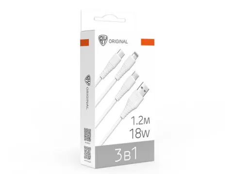 Дата-кабель 3в1 USB(A)-Type-C/microUSB/iP BY Base, 18W, 1,2 м, 3A, PVC, белый