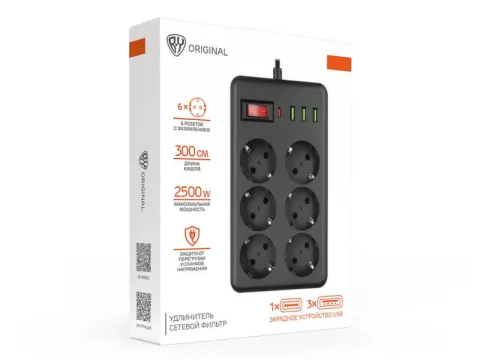 Удлинитель, сетевой фильтр 6 гнезд 3м BY Black, 3*USB, 1*type-C,выкл., 2500Вт,чёрный